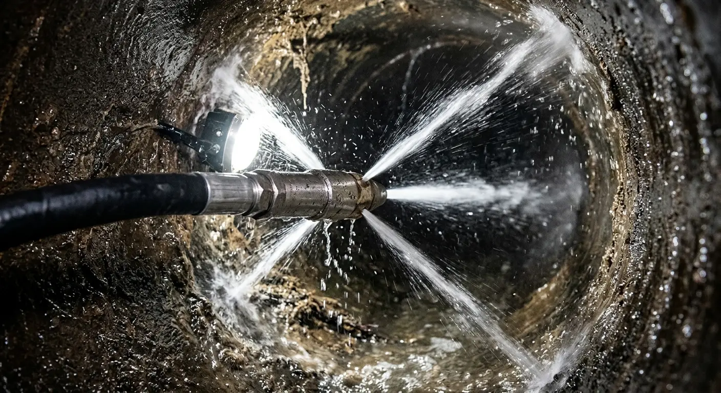 High-pressure hydro jetting nozzle cleaning sewer pipe for Sewer Cleanout in Pasco