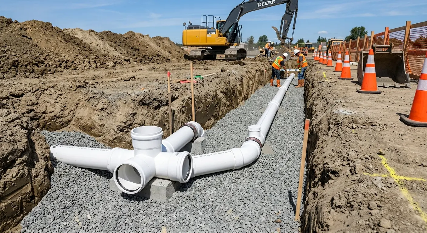 New PVC sewer pipe installation in open trench for Commercial Drain Cleaning in Pasco