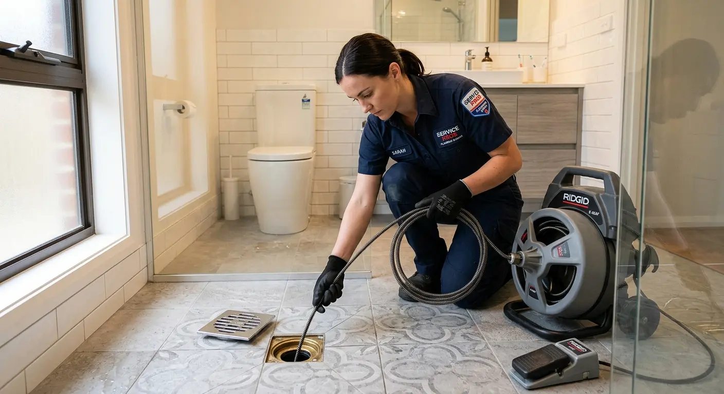Technician clearing a bathroom floor drain for Hydro Jetting in Pasco